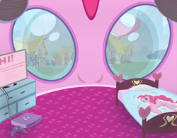 Size: 3210x2510 | Tagged: artist needed, source needed, safe, pinkie pie, g4, bed, breaking the fourth wall, console, eye, eyes, fourth wall, head, high res, indoors, inside head, offscreen character, ponyville, pov, television, video game