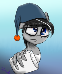 Size: 1112x1316 | Tagged: safe, artist:chopsticks, oc, oc only, oc:chopsticks, pegasus, pony, bloodshot eyes, bust, clothes, hat, male, nightcap, pillow, simple background, sleepy, solo, wing hands, wings