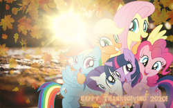 Size: 3000x1875 | Tagged: safe, artist:php178, derpibooru exclusive, applejack, fluttershy, pinkie pie, rainbow dash, rarity, twilight sparkle, alicorn, earth pony, pegasus, pony, unicorn, g4, 2020, autumn, autumn leaves, beautiful, colorful, friendship, glowing, group hug, happy, happy thanksgiving 2020, holiday, hug, irl, leaf, leaves, lens flare, lovely, mane six, path, photo, photomanipulation, ponies in real life, real life background, real life scenery, realistic background, road, shine, shiny, smiling, sun, sunlight, sunset, sunshine, text, thanksgiving, twilight sparkle (alicorn), vector, wall of tags, wallpaper