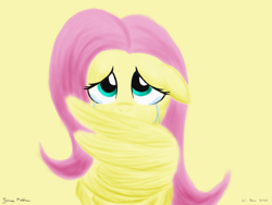 Size: 2400x1800 | Tagged: safe, artist:rockhoppr3, fluttershy, pegasus, pony, g4, anxious, crying, floppy ears, front view, full face view, hug, looking at you, looking up, sad, self winghug, self-hugging, simple background, solo, teary eyes, winghug, wings, yellow background