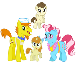 Size: 1280x1089 | Tagged: safe, artist:aleximusprime, carrot cake, cup cake, pound cake, pumpkin cake, earth pony, pegasus, pony, unicorn, flurry heart's story, g4, apron, bow, brother and sister, cake family, clothes, colt, ear piercing, earring, family, family photo, female, filly, freckles, glasses, husband and wife, ice cream hat, jewelry, male, mare, married couple, older, older pound cake, older pumpkin cake, parent:carrot cake, parent:cup cake, piercing, siblings, simple background, stallion, the cakes, transparent background