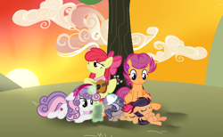 Size: 5192x3208 | Tagged: safe, artist:whiteplumage233, apple bloom, scootaloo, sweetie belle, oc, pony, g4, growing up is hard to do, the last problem, cutie mark crusaders, female, filly, glowing horn, guitar, horn, magic, magic aura, musical instrument, older, older apple bloom, older cmc, older scootaloo, older sweetie belle, sleeping, sunset, tree