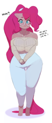Size: 2000x4736 | Tagged: safe, artist:smewed, pinkie pie, earth pony, anthro, g4, alternate hairstyle, bare shoulders, big breasts, big hair, breast squish, breasts, busty pinkie pie, clothes, dialogue, female, floppy ears, glasses, huge breasts, off the shoulder, pinkamena diane pie, plump, shoulderless, simple background, solo, standing, sweater, wide hips