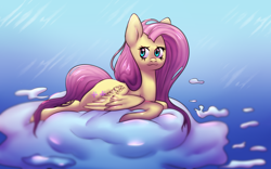 Size: 3200x2000 | Tagged: safe, artist:ranillopa, fluttershy, pegasus, pony, g4, cloud, female, high res, looking sideways, lying down, mare, on a cloud, prone, solo, spread wings, wings