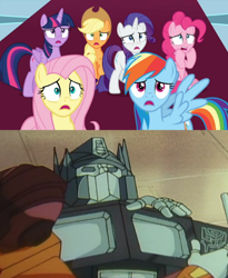 Size: 1080x1316 | Tagged: safe, edit, edited screencap, screencap, applejack, fluttershy, pinkie pie, rainbow dash, rarity, twilight sparkle, alicorn, earth pony, pegasus, pony, robot, unicorn, g4, comparison, death, mane six, optimus prime, rodimus prime, transformers, transformers the headmasters, twilight sparkle (alicorn)