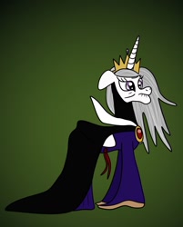 Size: 1280x1592 | Tagged: safe, artist:platinumdrop, princess celestia, alicorn, pony, g4, cloak, clothes, cosplay, costume, crossover, crown, disney, dress, elderly, evil queen, floppy ears, gradient background, grey hair, hag, jewelry, older, regalia, simple background, snow white and the seven dwarfs, solo, transformation, wrinkles