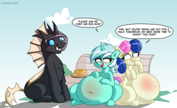 Size: 4996x3064 | Tagged: safe, artist:metalface069, bon bon, lyra heartstrings, sweetie drops, oc, changeling, earth pony, pony, unicorn, belly, belly button, bench, big belly, blushing, bon blob, brown changeling, changeling oc, commission, fat, female, food, food baby, grin, lard-ra heartstrings, male, mare, open mouth, pancakes, sitting, smiling, stuffed