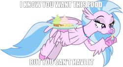 Size: 1280x703 | Tagged: safe, artist:frownfactory, edit, silverstream, classical hippogriff, hippogriff, g4, she's all yak, caption, chips, cupcake, eating, food, image macro, jewelry, looking down, meme, necklace, omnivore, plate, smiling, smirk, solo, teasing, teasing you, text, transparent background