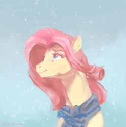 Size: 1594x1598 | Tagged: safe, artist:malinetourmaline, fluttershy, pony, g4, bust, clothes, female, looking away, looking up, mare, portrait, scarf, smiling, snow, snowfall, solo, winter