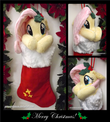 Size: 1725x1904 | Tagged: safe, artist:peruserofpieces, fluttershy, pegasus, pony, g4, christmas, christmas stocking, cute, female, garland, hnnng, holiday, holly, irl, looking at you, mare, multiple views, photo, plushie, shy, shyabetes, solo
