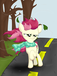 Size: 3024x4032 | Tagged: safe, artist:background basset, derpibooru exclusive, roseluck, earth pony, pony, g4, annoyed, clothes, female, leaves, mare, sad, scarf, solo, tree, wind