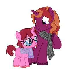 Size: 2000x2000 | Tagged: safe, artist:ponykittenboi, oc, oc only, oc:roaring maw, oc:rose petal, pony, unicorn, 2021 community collab, derpibooru community collaboration, 2021, clothes, father and child, father and daughter, female, filly, glasses, high res, male, round glasses, scarf, show accurate, simple background, size difference, stallion, tongue out, transparent background, unshorn fetlocks