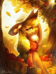 Size: 1106x1443 | Tagged: safe, artist:anticular, applejack, earth pony, pony, g4, apple, autumn, basket, clothes, falling leaves, female, food, harvest, leaf, leaves, lidded eyes, looking at you, mare, scarf, scenery, sitting, smiling, solo