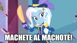 Size: 667x375 | Tagged: safe, edit, edited screencap, screencap, trixie, equestria girls, g4, my little pony equestria girls: better together, street magic with trixie, caption, female, image macro, magician outfit, smiling, solo, spanish, text