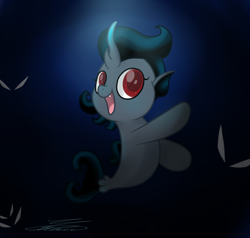 Size: 2900x2758 | Tagged: safe, artist:crystalcontemplator, oc, oc only, seapony (g4), :d, glowing horn, high res, horn, open mouth, signature, smiling, solo, underwater