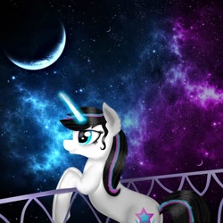 Size: 1080x1078 | Tagged: safe, artist:rxndxm.artist, oc, oc only, oc:shooting star, pony, unicorn, crescent moon, female, glowing horn, horn, mare, moon, night, solo, stars, unicorn oc