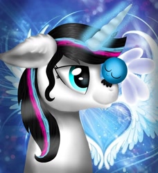 Size: 1080x1185 | Tagged: safe, artist:rxndxm.artist, oc, oc only, oc:shooting star, parasprite, pony, unicorn, abstract background, bust, eyes closed, female, glowing horn, horn, mare, smiling, wings