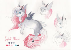 Size: 2000x1427 | Tagged: safe, artist:lady-limule, oc, oc:joyful muse, hybrid, original species, pony, bust, female, horns, interspecies offspring, offspring, parent:oc:curtain call, parent:oc:haywire, parents:oc x oc, rearing, reference sheet, story included, traditional art, wings