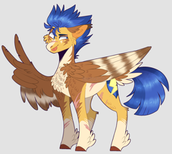 Size: 1570x1407 | Tagged: safe, artist:wanderingpegasus, flash sentry, bird, falcon, pegasus, pony, g4, :p, alternate hairstyle, chest fluff, coat markings, ear fluff, freckles, gray background, leg fluff, male, markings, multicolored coat, pale belly, peace sign, redesign, scar, simple background, socks (coat markings), solo, stallion, tongue out, unshorn fetlocks, wing hands, wings