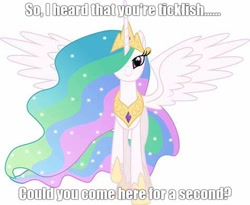 Size: 474x389 | Tagged: safe, princess celestia, alicorn, pony, g4, bronybait, caption, female, imminent tickles, looking at you, mare, meme, raised hoof, smiling, spread wings, text, this will end in tickles, uh oh, wings