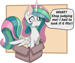 Size: 2000x1666 | Tagged: safe, artist:cuddlelamb, princess celestia, alicorn, pony, g4, behaving like a cat, box, chest fluff, cute, cutelestia, dialogue, ear fluff, embarrassed, female, fluffy, if i fits i sits, looking at you, mare, nose fluff, open mouth, pony in a box, shoulder fluff, simple background, solo, speech bubble, tail fluff, talking to viewer, wide eyes, wing fluff