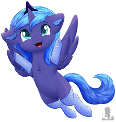 Size: 2149x2257 | Tagged: safe, artist:monsoonvisionz, princess luna, alicorn, pony, cheek fluff, chest fluff, clothes, crown, cute, ear fluff, female, filly, high res, jewelry, lunabetes, open mouth, regalia, simple background, socks, solo, white background, woona, younger