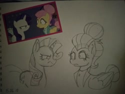 Size: 2560x1920 | Tagged: safe, artist:lowname, fluttershy, rarity, pegasus, pony, unicorn, g4, alternate hairstyle, angry, clothes, female, lineart, mare, screencap reference, traditional art