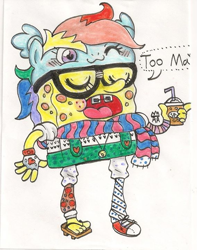 Size: 567x720 | Tagged: safe, artist:the-star-hunter, rainbow dash, anthro, g4, clothes, disturbing, eyes closed, feet, glasses, hat, hipster, male, male feet, open mouth, sandals, scarf, spongebob squarepants, spongebob squarepants (character), starbucks, talking, traditional art