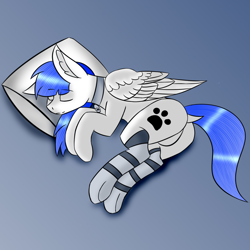 Size: 1580x1580 | Tagged: safe, alternate version, artist:astaroth, oc, oc:snow pup, pegasus, pony, butt, clothes, collar, dock, eyebrows, eyebrows visible through hair, eyes closed, featureless crotch, floppy ears, folded wings, paw prints, pegasus oc, pet tag, pillow, plot, simple background, sleeping, smiling, socks, striped socks