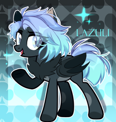 Size: 1240x1296 | Tagged: safe, artist:mint-light, oc, oc only, bat pony, pony, bat pony oc, bat wings, chest fluff, colored hooves, commission, eye clipping through hair, eyelashes, open mouth, raised hoof, signature, smiling, solo, wings, ych result