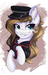 Size: 1221x1900 | Tagged: safe, artist:falafeljake, oc, oc only, oc:chocolate fudge, earth pony, pony, abstract background, clothes, cute, ear fluff, latex, looking at you, military, military uniform, shiny, smiling