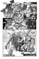 Size: 1301x1920 | Tagged: safe, artist:pencils, catrina, limestone pie, oc, oc:anon, cat, earth pony, human, minotaur, pony, comic:anon's pie adventure, g4, ass, butt, comic, dialogue, female, jojo reference, laughing, male, mare, monochrome, neo noir, nose piercing, nose ring, open mouth, partial color, piercing, roundabout, speech bubble, this will end in death, this will end in one punch, to be continued, to be continued (meme)