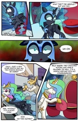 Size: 719x1112 | Tagged: safe, artist:candyclumsy, nightmare moon, princess celestia, alicorn, pony, comic:attempted sorroricide, g4, bipedal, butt, comic, cushion, doctor, female, filly, literal butthurt, needle, nightmare woon, pain, plot, poison, syringe