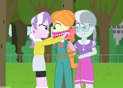 Size: 1058x756 | Tagged: safe, artist:robukun, diamond tiara, megan williams, megan williams (g4), silver spoon, equestria girls, g4, arm behind back, bondage, bound and gagged, cloth gag, gag, pole tied, this will end in pain, this will not end well, tied up
