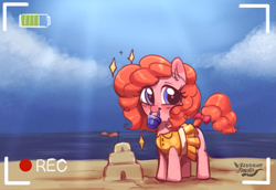 Size: 2615x1802 | Tagged: safe, artist:opossum_imoto, oc, oc only, oc:peachy keen, earth pony, pony, beach, blushing, clothes, cute, dress, female, filly, happy, looking at you, mouth hold, ocbetes, ocean, proud, recording, sandcastle, signature, smiling, solo, water