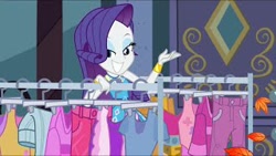 Size: 320x180 | Tagged: safe, screencap, rarity, equestria girls, g4, my little pony equestria girls: better together, street chic, autumn, autumn leaves, bracelet, clothes, clothes rack, eyeshadow, female, geode of shielding, jewelry, leaf, leaves, lidded eyes, magical geodes, makeup, smiling, smiling at you, solo, wind, wind blowing, window