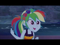 Size: 480x360 | Tagged: safe, screencap, equestria girls, equestria girls series, g4, spring breakdown, spoiler:eqg series (season 2), black bars, clothes, determination, determined, dress, female, geode of super speed, headband, letterboxing, magical geodes, multicolored hair, open mouth, ponytail, smiling