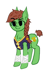 Size: 1564x2356 | Tagged: safe, artist:antique1899, oc, oc only, oc:swift stride, earth pony, pony, 2021 community collab, derpibooru community collaboration, bandage, blue eyes, braid, braided ponytail, chest fluff, clothes, digital art, ear fluff, simple background, smiling, smirk, solo, standing, transparent background, vest