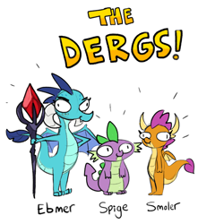 Size: 1936x1936 | Tagged: safe, artist:tjpones, princess ember, smolder, spike, dragon, g4, bloodstone scepter, dragon lord ember, dragoness, female, intentional spelling error, male, simple background, the derg, trio, white background
