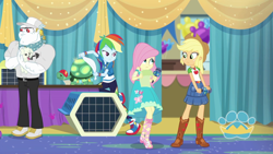 Size: 1920x1080 | Tagged: safe, screencap, applejack, bulk biceps, fluttershy, rainbow dash, tank, wooyoo, dog, tortoise, best in show: the pre-show, equestria girls, g4, my little pony equestria girls: better together, applejack's hat, best in show logo, boots, clothes, converse, cowboy boots, cowboy hat, denim skirt, geode of super speed, geode of super strength, hat, helmet, magical geodes, male, microphone, pet carrier, shoes, skirt