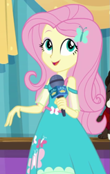 Size: 381x598 | Tagged: safe, screencap, fluttershy, best in show: the pre-show, equestria girls, g4, my little pony equestria girls: better together, best in show logo, cropped, cute, female, microphone, shyabetes, solo