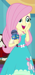 Size: 285x612 | Tagged: safe, screencap, fluttershy, dog, best in show: the pre-show, equestria girls, g4, spoiler:eqg series (season 2), best in show logo, cropped, cute, female, microphone, open mouth, shyabetes, smiling, solo