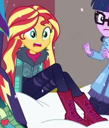 Size: 319x376 | Tagged: safe, screencap, rainbow dash, sci-twi, sunset shimmer, twilight sparkle, blizzard or bust, equestria girls, equestria girls specials, g4, my little pony equestria girls: better together, my little pony equestria girls: holidays unwrapped, cropped