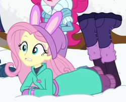 Size: 368x297 | Tagged: safe, screencap, fluttershy, pinkie pie, sci-twi, twilight sparkle, blizzard or bust, equestria girls, equestria girls series, g4, holidays unwrapped, spoiler:eqg series (season 2), cropped