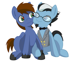 Size: 1400x1200 | Tagged: safe, artist:imposter dude, oc, oc:pat thundersnow, oc:urmi charpstin, earth pony, pegasus, pony, 2021 community collab, derpibooru community collaboration, bowtie, cheek to cheek, clothes, couple, duo, earth pony oc, glasses, heart eyes, holding hooves, male, pegasus oc, simple background, transparent background, vest, wingding eyes, wings