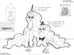 Size: 1481x1109 | Tagged: safe, artist:artistnjc, princess celestia, princess luna, alicorn, pony, two best sisters play, g4, body swap, crown, dialogue, fake celestia, fake luna, female, implied possession, jewelry, lying down, male to female, mare, monochrome, muna, necklace, patlestia, poster, regalia, resident evil 4, rule 63, sibling teasing, sitting, smiling, smirk, two best friends play, video game