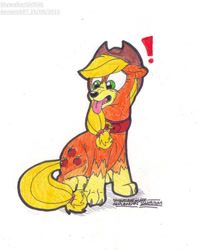 Size: 717x881 | Tagged: safe, artist:artistnjc, applejack, dog, g4, claws, collar, dogified, exclamation point, paws, pony to dog, post-transformation, solo, species swap, surprised, tongue out, transformation