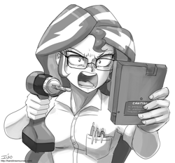 Size: 1200x1114 | Tagged: safe, artist:johnjoseco, sunset shimmer, equestria girls, g4, angry, angry video game nerd, breasts, busty sunset shimmer, cartridge, caution sign, clothes, cosplay, costume, dick tracy, enraged, gamer sunset, glasses, monochrome, open mouth, outraged, pen, power drill, rage, rageset shimmer, signature, solo, sunset shimmer frustrated at game, that pony sure have anger issues, video game