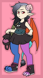 Size: 920x1642 | Tagged: safe, artist:/d/non, oc, oc only, oc:kaos (dnon), hybrid, satyr, backpack, clothes, elf ears, furrowed brow, furry stomach, grumpy, horns, offspring, open-toed shoe, parent:discord, parent:oc:anon, pink background, simple background, skirt, undercut