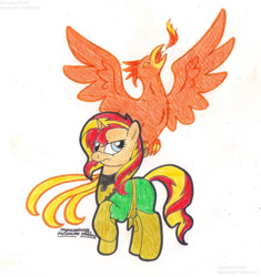 Size: 985x1049 | Tagged: safe, artist:artistnjc, sunset shimmer, phoenix, pony, unicorn, g4, clothes, cosplay, costume, crossover, fiery shimmer, fire, frown, jean grey, raised hoof, simple background, solo, superhero, the phoenix force, x-men